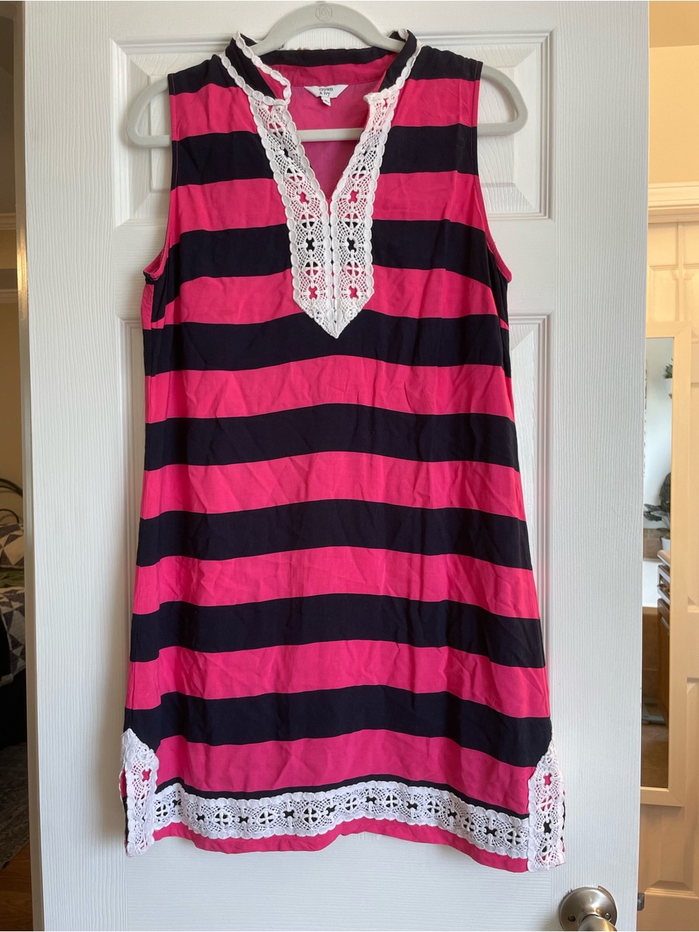 Sleeveless Pink and Navy Striped Sundress with White Crochet Trim